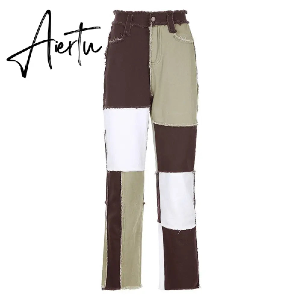 Stitching pants High waist color sweet light mature straight leg jeans summer women  slim slim summer youth sunshine Aiertu