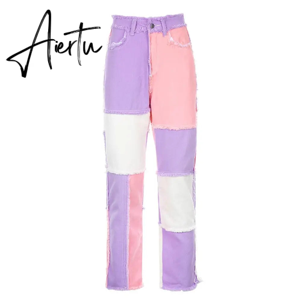 Stitching pants High waist color sweet light mature straight leg jeans summer women  slim slim summer youth sunshine Aiertu