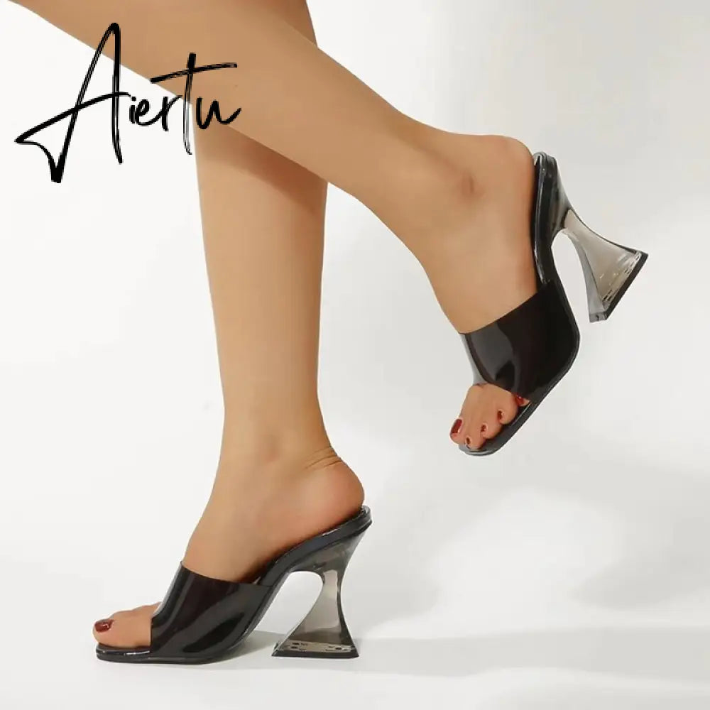 Strange Style Transparent Heels Slippers Ladies Fashion Female Mules Slides Summer Shoes Women Orange Green PVC Jelly Sandals Aiertu