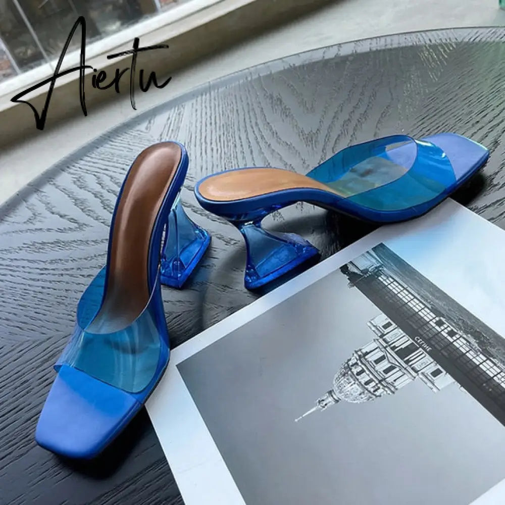 Strange Style Transparent Heels Slippers Ladies Fashion Female Mules Slides Summer Shoes Women Orange Green PVC Jelly Sandals Aiertu