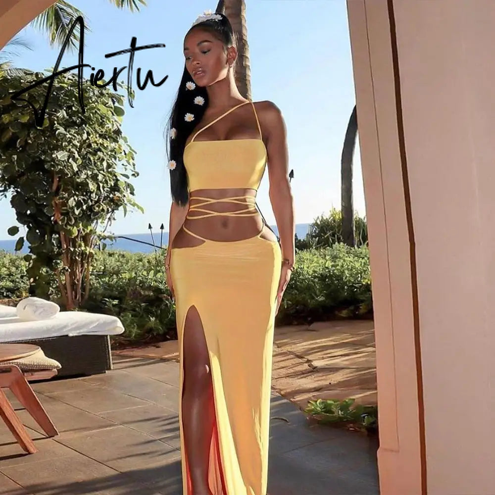 Strapless Crop Top and Long Dress Two Piece Set Yellow Women Summer Outfits Slit Party Club Vacation Beach Maxi Dress Aiertu