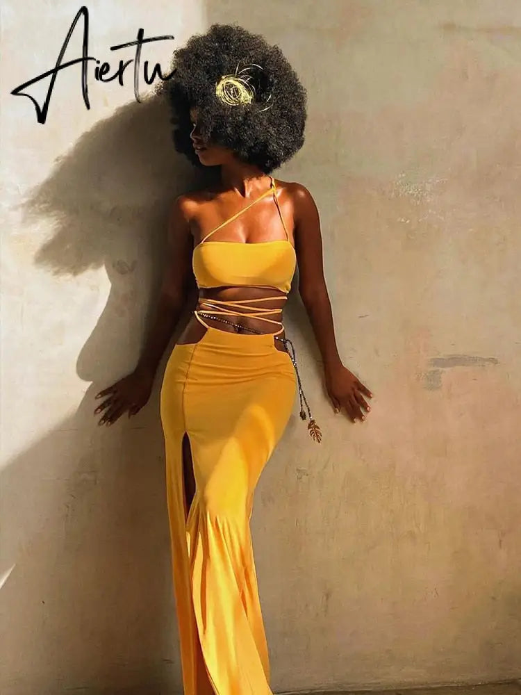 Strapless Crop Top and Long Dress Two Piece Set Yellow Women Summer Outfits Slit Party Club Vacation Beach Maxi Dress Aiertu