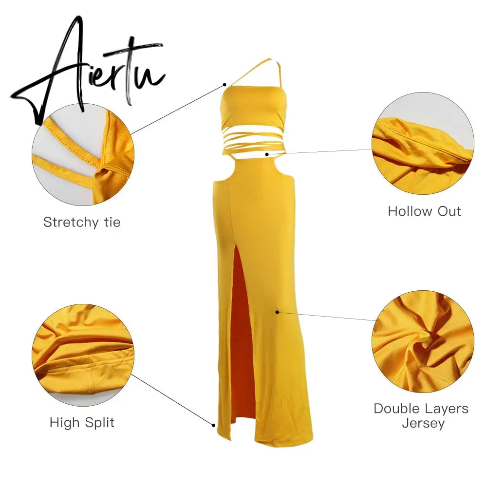 Strapless Crop Top and Long Dress Two Piece Set Yellow Women Summer Outfits Slit Party Club Vacation Beach Maxi Dress Aiertu