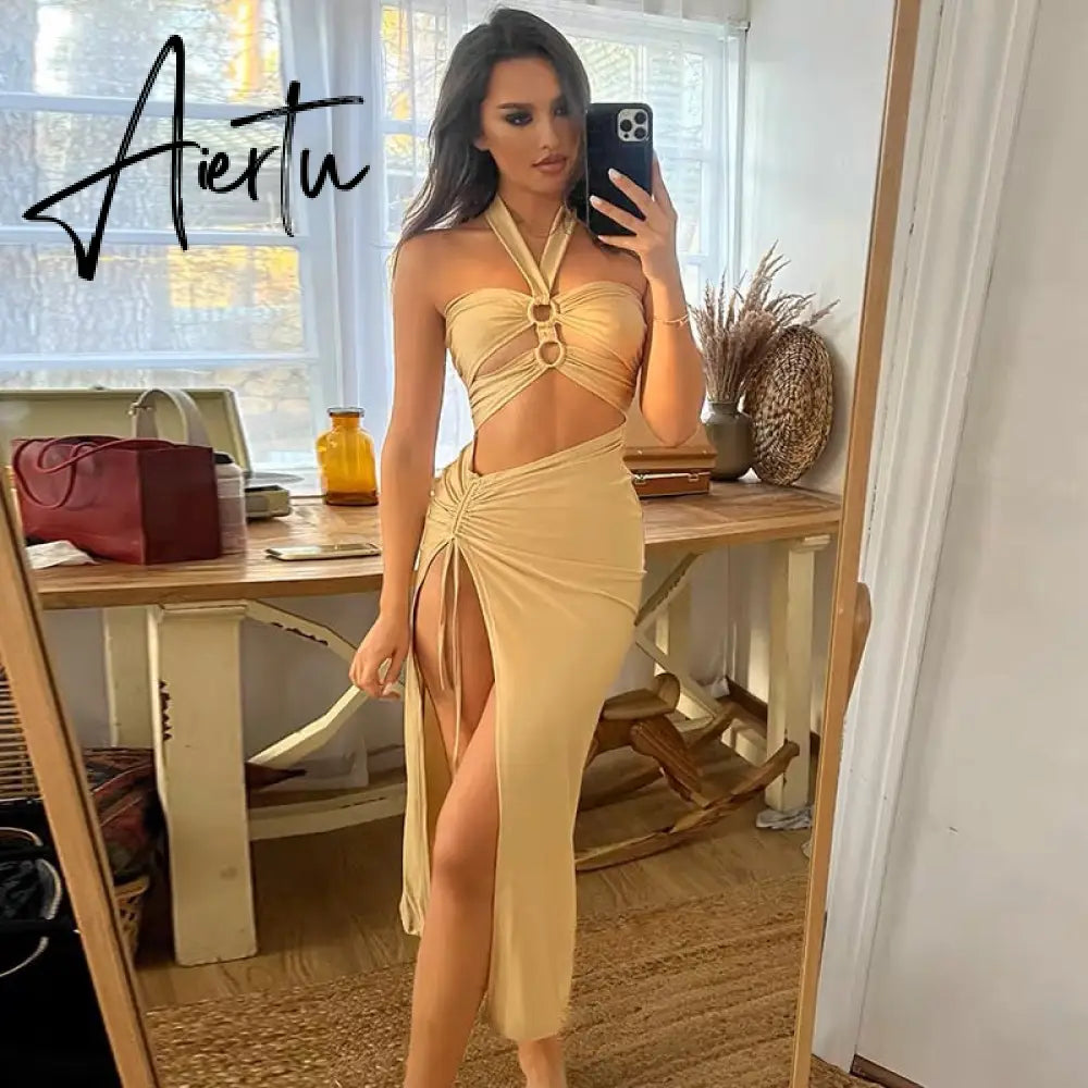 Strapless Crop Top and Long Dress Two Piece Set Yellow Women Summer Outfits Slit Party Club Vacation Beach Maxi Dress Aiertu