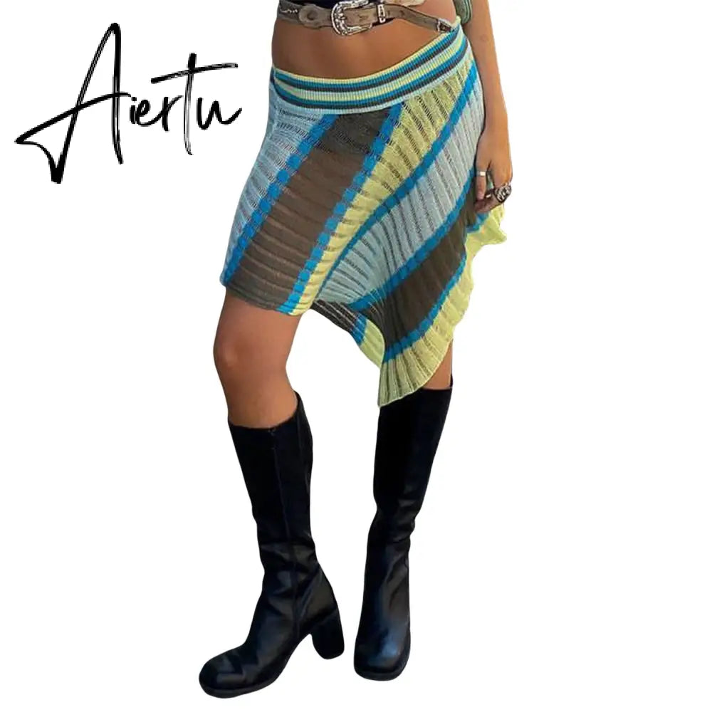 Street Style Striped Knitted Irregular Hem Skirts Vintage Women Casual Low Rise Wrapped Midi Skirts Street Holiday Wear Aiertu