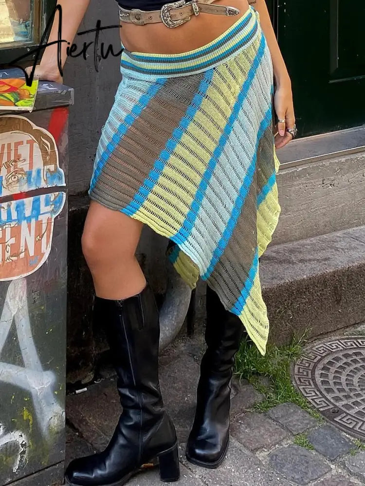 Street Style Striped Knitted Irregular Hem Skirts Vintage Women Casual Low Rise Wrapped Midi Skirts Street Holiday Wear Aiertu