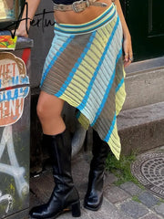Street Style Striped Knitted Irregular Hem Skirts Vintage Women Casual Low Rise Wrapped Midi Skirts Street Holiday Wear Aiertu