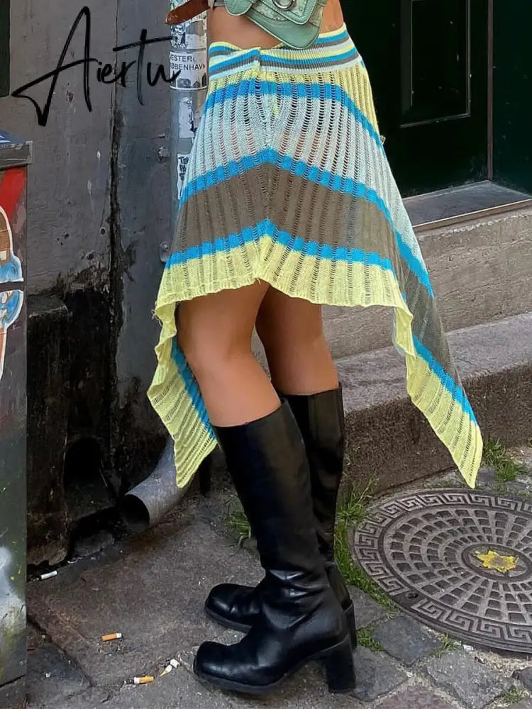 Street Style Striped Knitted Irregular Hem Skirts Vintage Women Casual Low Rise Wrapped Midi Skirts Street Holiday Wear Aiertu