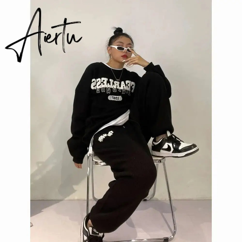 Streetwear 2 Piece Sets Womens Outfits Autumn Y2k Tracksuit Solid O-Neck Letter Print Sweatshirt + Trousers Female Loose Suits Aiertu