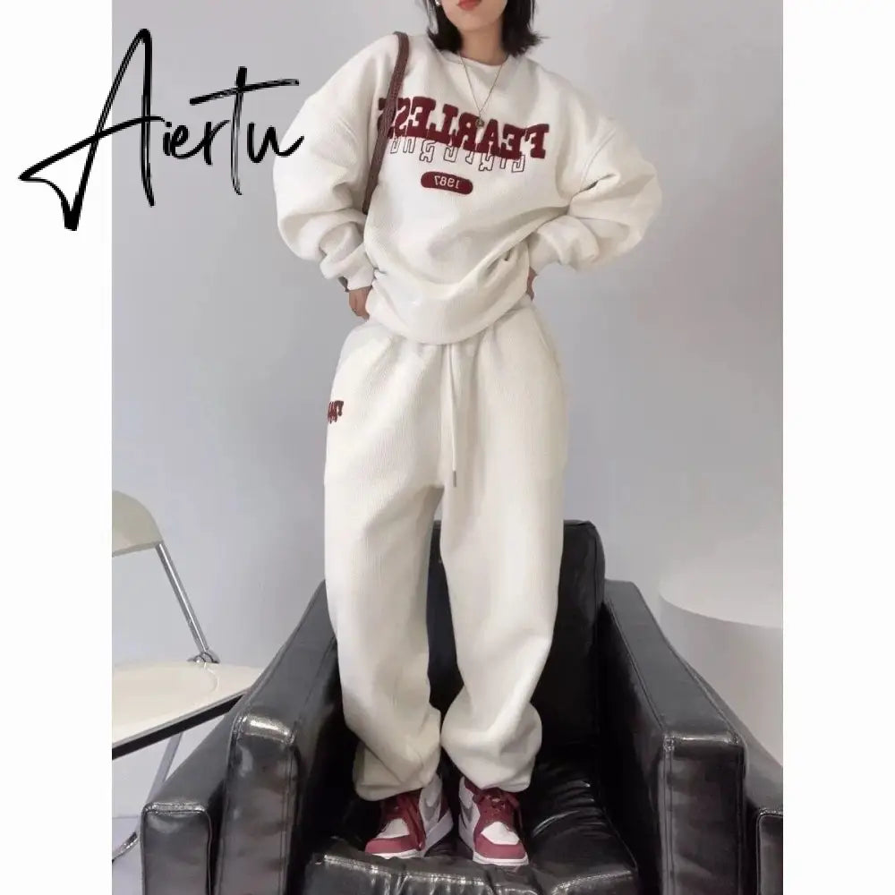 Streetwear 2 Piece Sets Womens Outfits Autumn Y2k Tracksuit Solid O-Neck Letter Print Sweatshirt + Trousers Female Loose Suits Aiertu