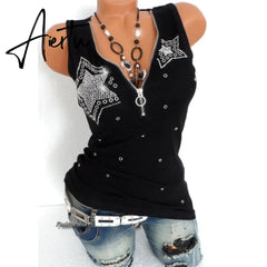 Stretch Beading Tanks Tees Cotton T-Shirt Sexy Zipper V Neck Sleeveless Top Women Summer T Shirts Black Slim Vest Plus Size 5XL Aiertu