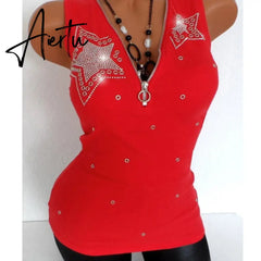 Stretch Beading Tanks Tees Cotton T-Shirt Sexy Zipper V Neck Sleeveless Top Women Summer T Shirts Black Slim Vest Plus Size 5XL Aiertu