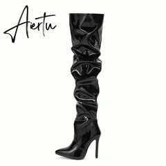 Stretch Over-the-knee Boots Women Fashion Pointed Toe Black Side Zipper Thin High Heels Female Shiny Pleated High Heel Botas Aiertu