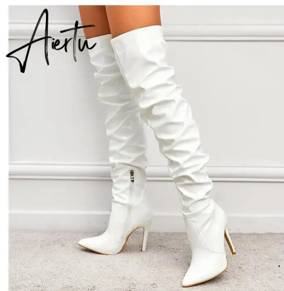 Stretch Over-the-knee Boots Women Fashion Pointed Toe Black Side Zipper Thin High Heels Female Shiny Pleated High Heel Botas Aiertu