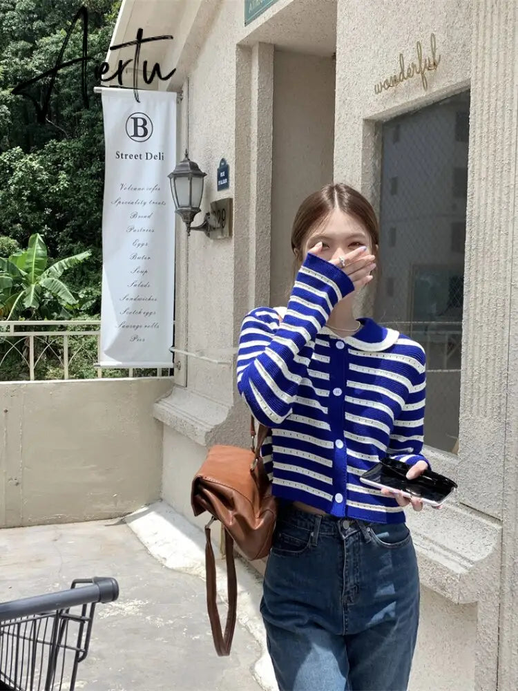 Striped Knitted Cardigan Women Hollow Out Turn Down Collar Long Sleeve Cropped Sweater Loose Outwear Autumn New Tops Aiertu