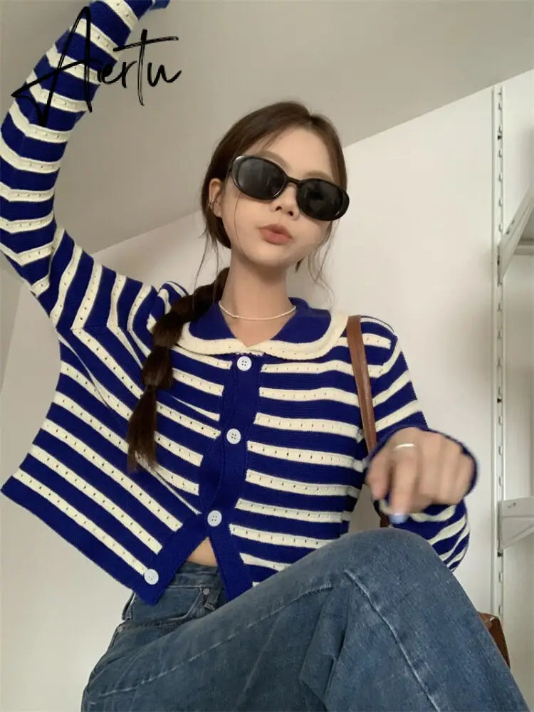 Striped Knitted Cardigan Women Hollow Out Turn Down Collar Long Sleeve Cropped Sweater Loose Outwear Autumn New Tops Aiertu