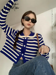Striped Knitted Cardigan Women Hollow Out Turn Down Collar Long Sleeve Cropped Sweater Loose Outwear Autumn New Tops Aiertu