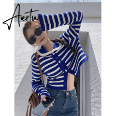 Striped Knitted Cardigan Women Hollow Out Turn Down Collar Long Sleeve Cropped Sweater Loose Outwear Autumn New Tops Aiertu