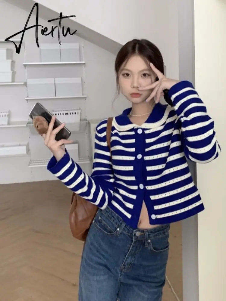 Striped Knitted Cardigan Women Hollow Out Turn Down Collar Long Sleeve Cropped Sweater Loose Outwear Autumn New Tops Aiertu