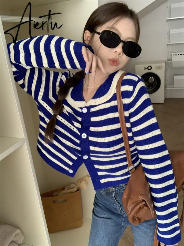 Striped Knitted Cardigan Women Hollow Out Turn Down Collar Long Sleeve Cropped Sweater Loose Outwear Autumn New Tops Aiertu