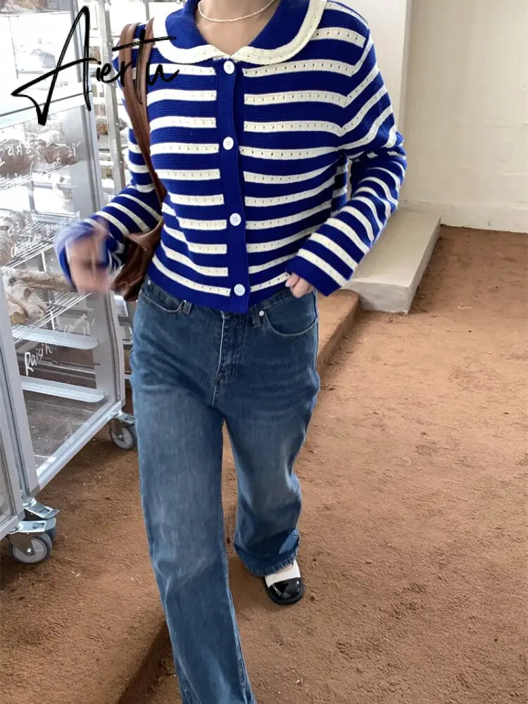 Striped Knitted Cardigan Women Hollow Out Turn Down Collar Long Sleeve Cropped Sweater Loose Outwear Autumn New Tops Aiertu