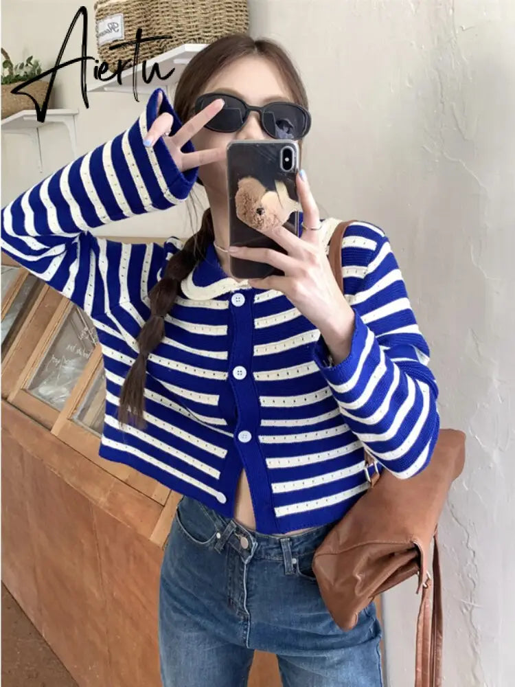 Striped Knitted Cardigan Women Hollow Out Turn Down Collar Long Sleeve Cropped Sweater Loose Outwear Autumn New Tops Aiertu
