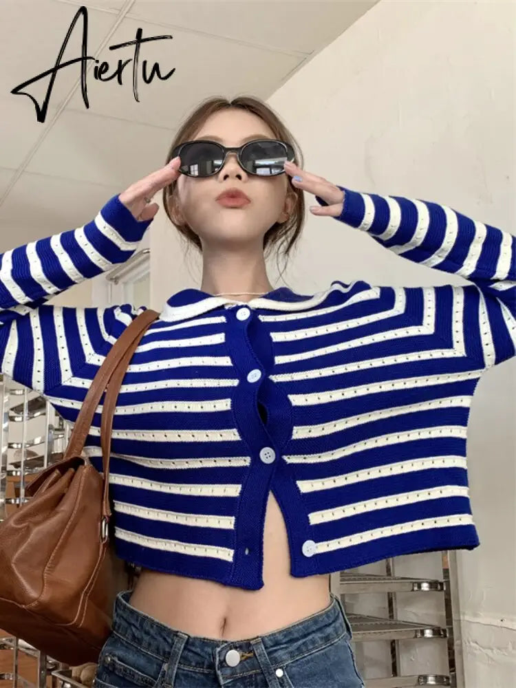 Striped Knitted Cardigan Women Hollow Out Turn Down Collar Long Sleeve Cropped Sweater Loose Outwear Autumn New Tops Aiertu