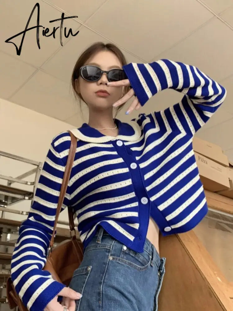 Striped Knitted Cardigan Women Hollow Out Turn Down Collar Long Sleeve Cropped Sweater Loose Outwear Autumn New Tops Aiertu
