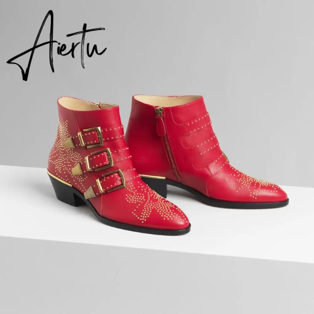 Studded Real Leather Ankle Boots Women Round Toe Rivet Flower Martin Short Boots Cowhide Thick Heel Low New Heel Women's Shoes Aiertu