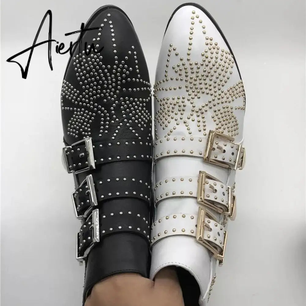 Studded Real Leather Ankle Boots Women Round Toe Rivet Flower Martin Short Boots Cowhide Thick Heel Low New Heel Women's Shoes Aiertu
