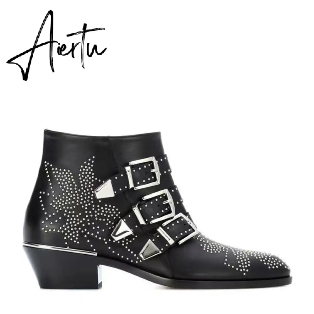 Studded Real Leather Ankle Boots Women Round Toe Rivet Flower Martin Short Boots Cowhide Thick Heel Low New Heel Women's Shoes Aiertu
