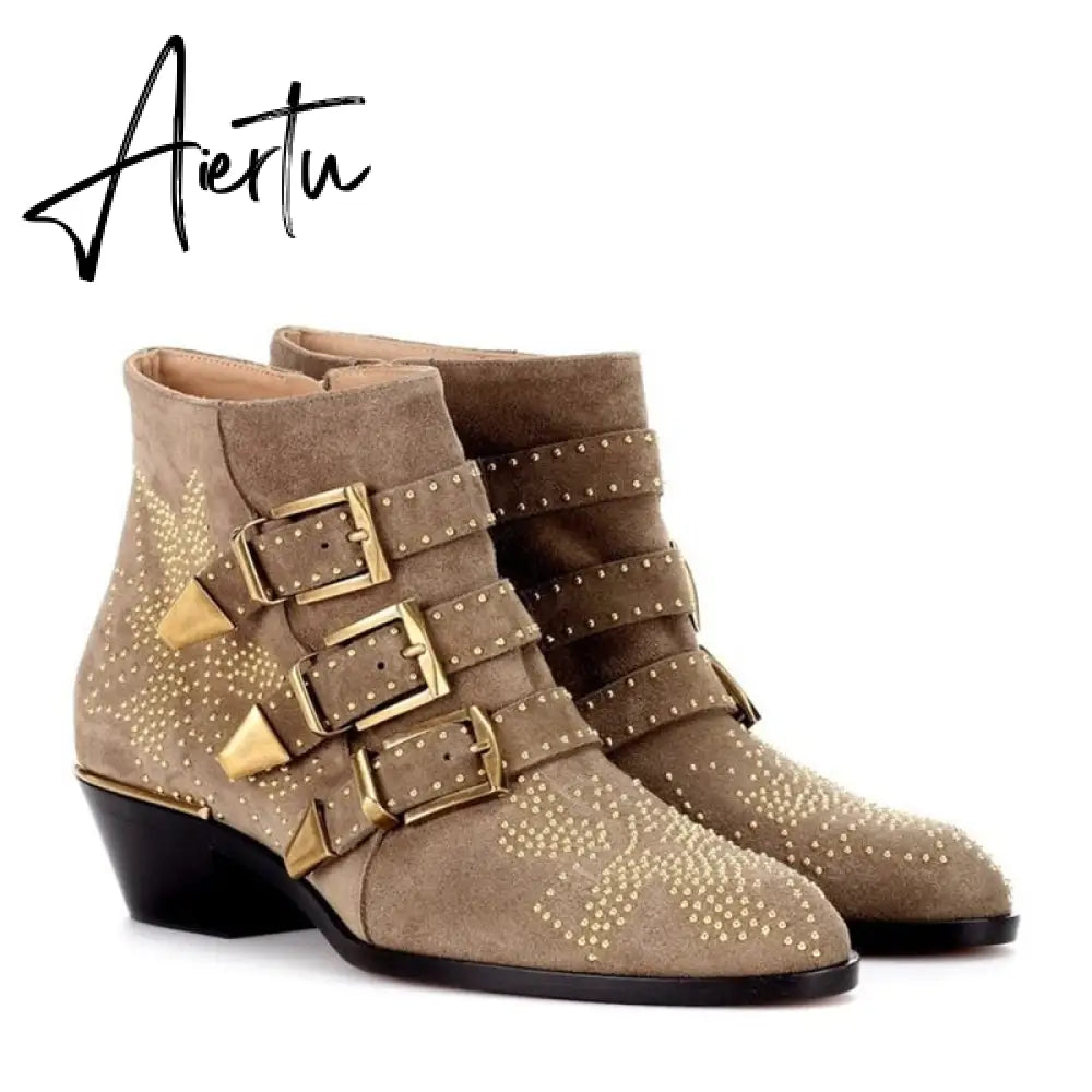 Studded Real Leather Ankle Boots Women Round Toe Rivet Flower Martin Short Boots Cowhide Thick Heel Low New Heel Women's Shoes Aiertu