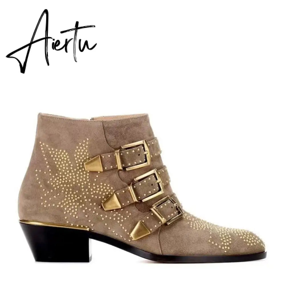 Studded Real Leather Ankle Boots Women Round Toe Rivet Flower Martin Short Boots Cowhide Thick Heel Low New Heel Women's Shoes Aiertu