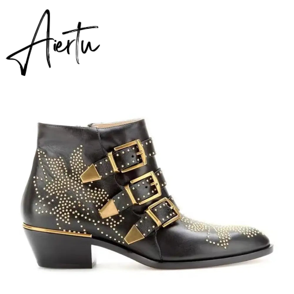 Studded Real Leather Ankle Boots Women Round Toe Rivet Flower Martin Short Boots Cowhide Thick Heel Low New Heel Women's Shoes Aiertu