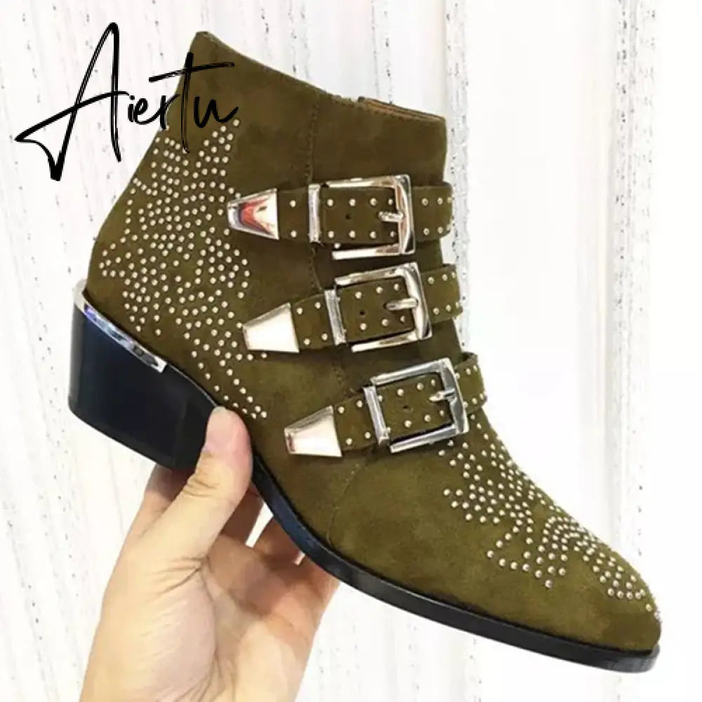 Studded Real Leather Ankle Boots Women Round Toe Rivet Flower Martin Short Boots Cowhide Thick Heel Low New Heel Women's Shoes Aiertu