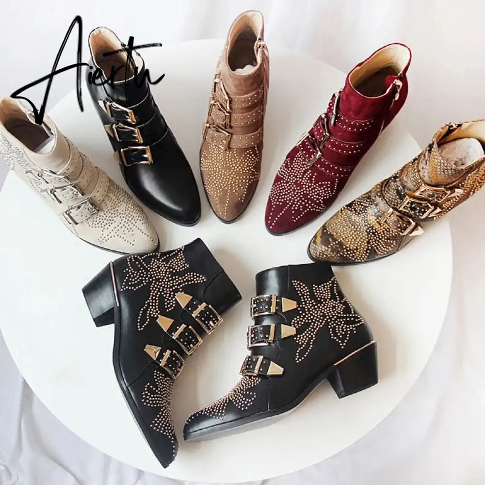 Studded Real Leather Ankle Boots Women Round Toe Rivet Flower Martin Short Boots Cowhide Thick Heel Low New Heel Women's Shoes Aiertu