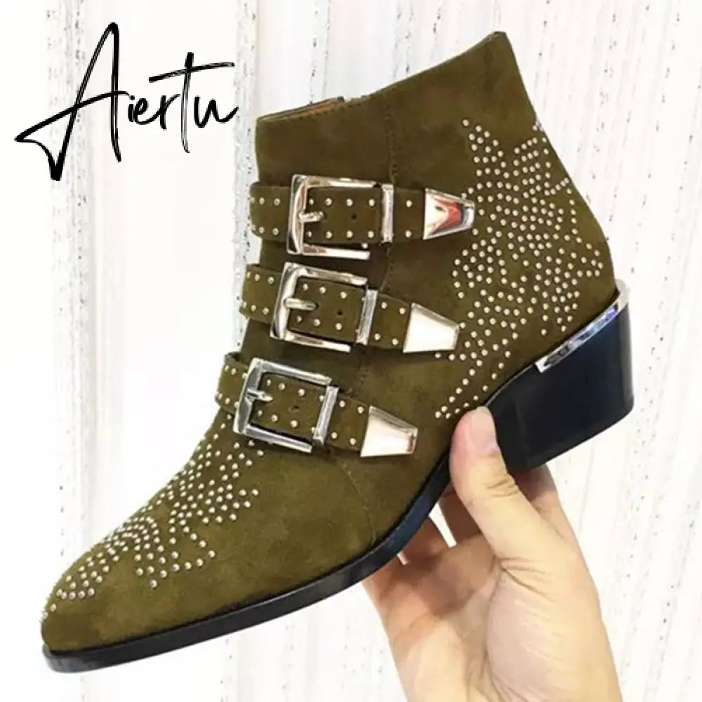 Studded Real Leather Ankle Boots Women Round Toe Rivet Flower Martin Short Boots Cowhide Thick Heel Low New Heel Women's Shoes Aiertu