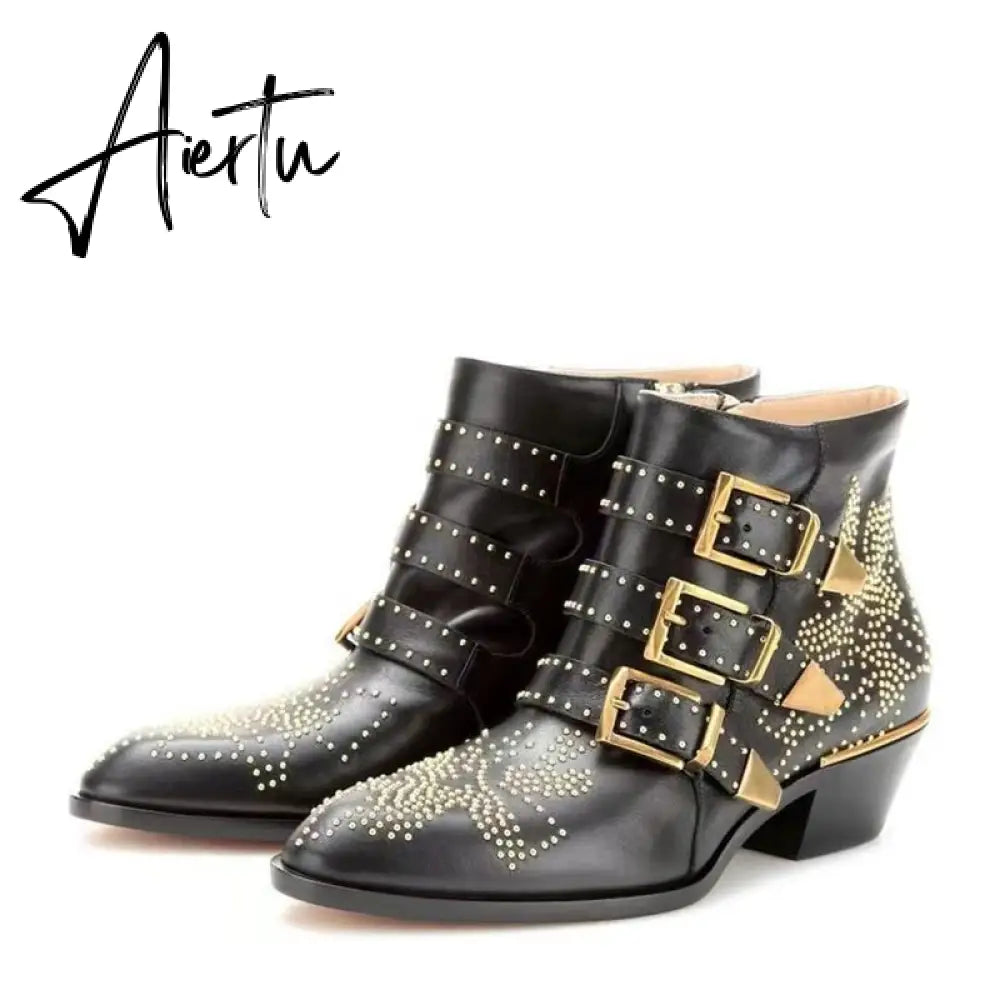 Studded Real Leather Ankle Boots Women Round Toe Rivet Flower Martin Short Boots Cowhide Thick Heel Low New Heel Women's Shoes Aiertu