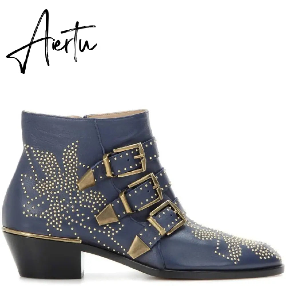 Studded Real Leather Ankle Boots Women Round Toe Rivet Flower Martin Short Boots Cowhide Thick Heel Low New Heel Women's Shoes Aiertu