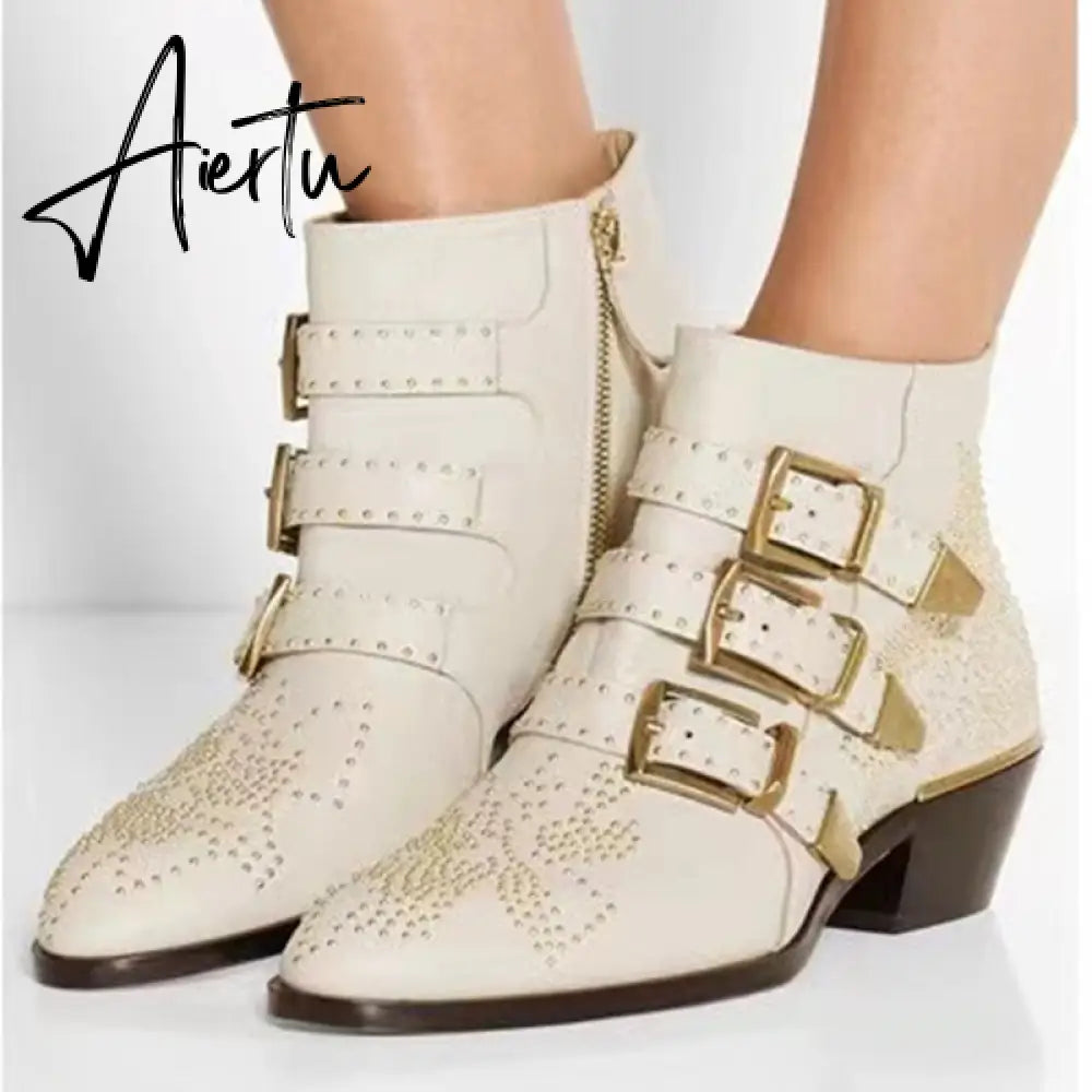 Studded Real Leather Ankle Boots Women Round Toe Rivet Flower Martin Short Boots Cowhide Thick Heel Low New Heel Women's Shoes Aiertu