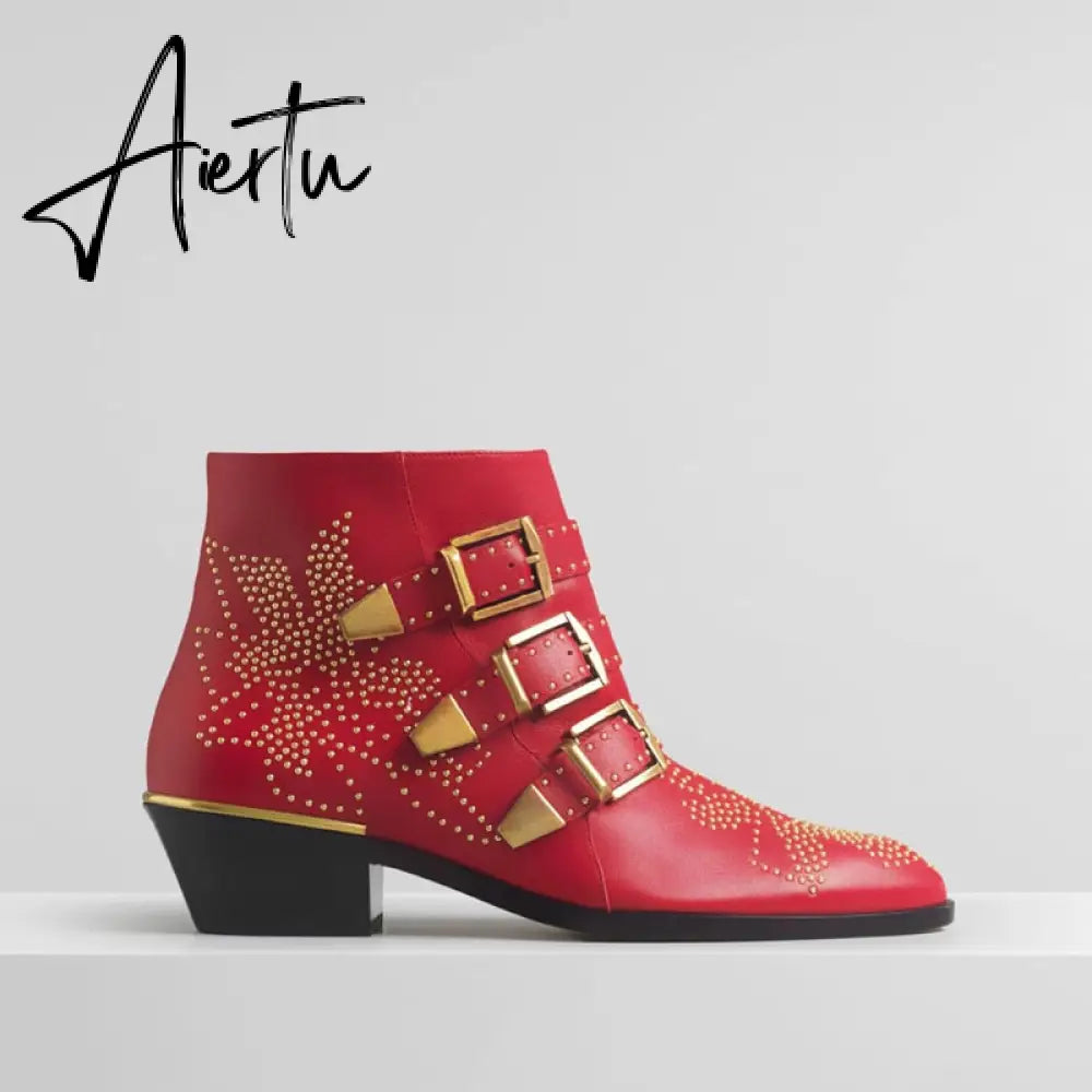 Studded Real Leather Ankle Boots Women Round Toe Rivet Flower Martin Short Boots Cowhide Thick Heel Low New Heel Women's Shoes Aiertu