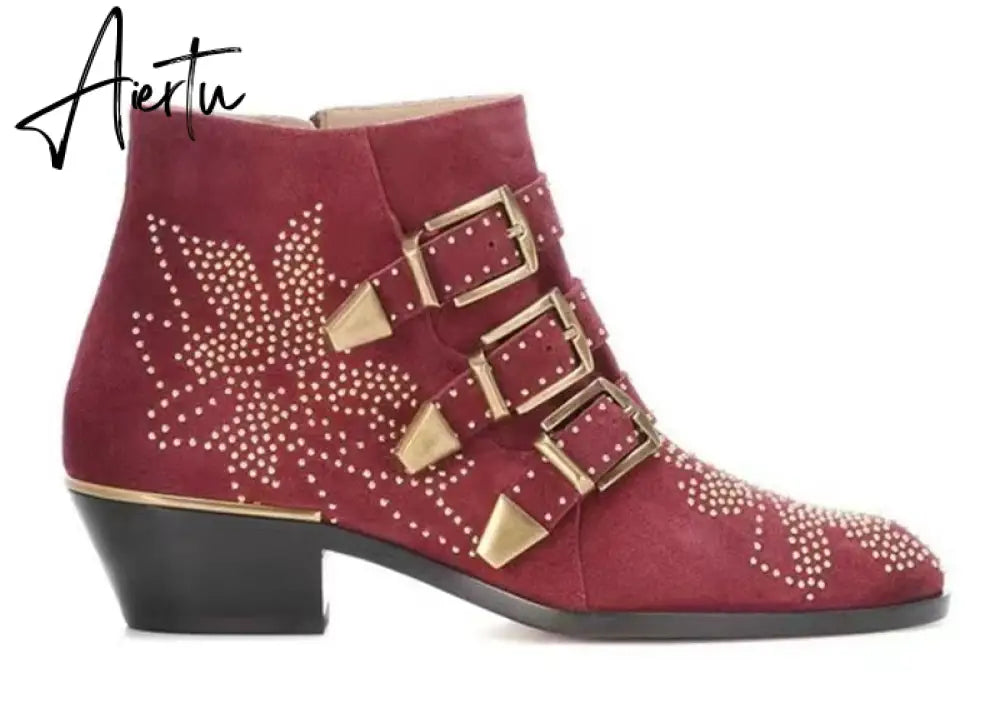 Studded Real Leather Ankle Boots Women Round Toe Rivet Flower Martin Short Boots Cowhide Thick Heel Low New Heel Women's Shoes Aiertu