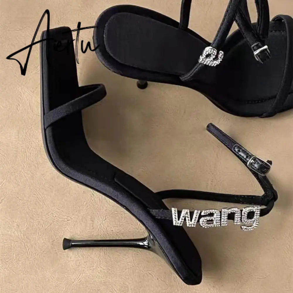 Style Square Toe Women Sandals Crystal Letters Decorative Women High Heels Sexy Shoes Women's Banquet Wedding Shoes Women Aiertu