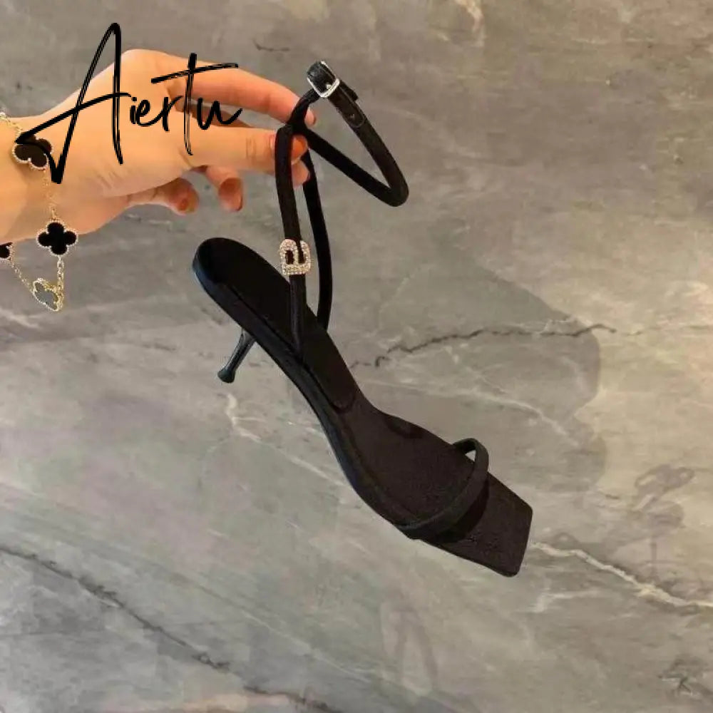 Style Square Toe Women Sandals Crystal Letters Decorative Women High Heels Sexy Shoes Women's Banquet Wedding Shoes Women Aiertu