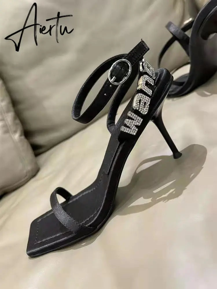 Style Square Toe Women Sandals Crystal Letters Decorative Women High Heels Sexy Shoes Women's Banquet Wedding Shoes Women Aiertu