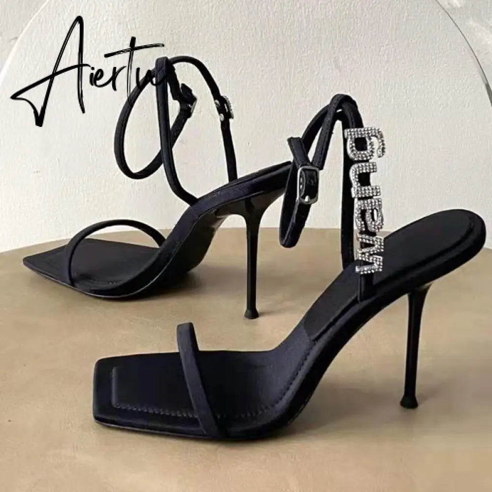 Style Square Toe Women Sandals Crystal Letters Decorative Women High Heels Sexy Shoes Women's Banquet Wedding Shoes Women Aiertu