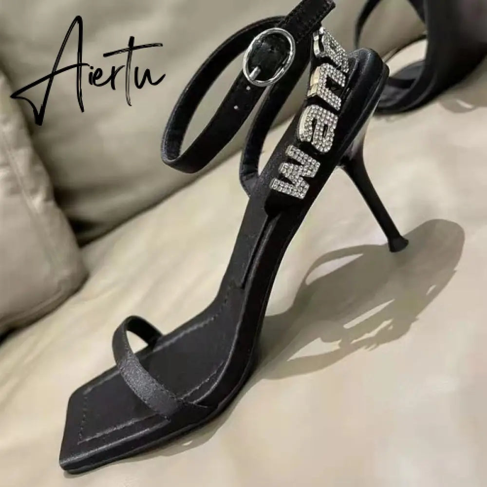 Style Square Toe Women Sandals Crystal Letters Decorative Women High Heels Sexy Shoes Women's Banquet Wedding Shoes Women Aiertu