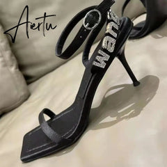 Style Square Toe Women Sandals Crystal Letters Decorative Women High Heels Sexy Shoes Women's Banquet Wedding Shoes Women Aiertu