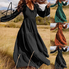 Stylish Ruffle Maxi Dress Casual Puff Sleeve Tunic Vestidos Female Solid Robe Women's Autumn Sundress Aiertu