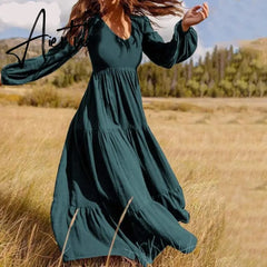 Stylish Ruffle Maxi Dress Casual Puff Sleeve Tunic Vestidos Female Solid Robe Women's Autumn Sundress Aiertu